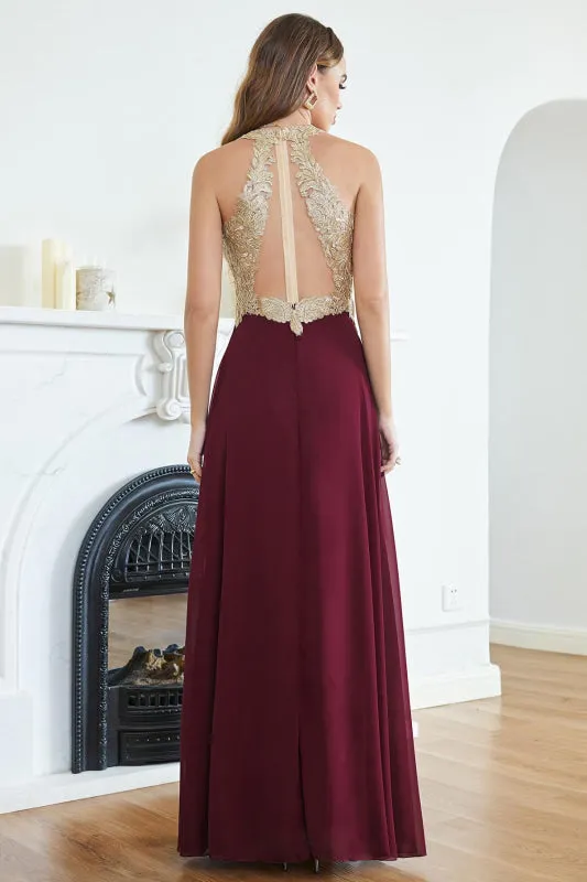 Sleeveless Chiffon Long Evening Dress with Gold Appliques Aline Bridesmaid Dress