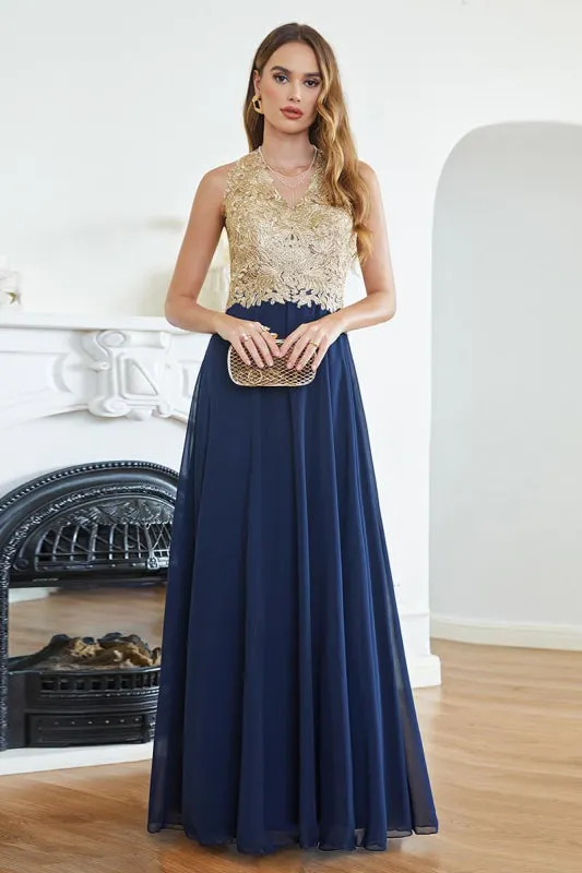 Sleeveless Chiffon Long Evening Dress with Gold Appliques Aline Bridesmaid Dress