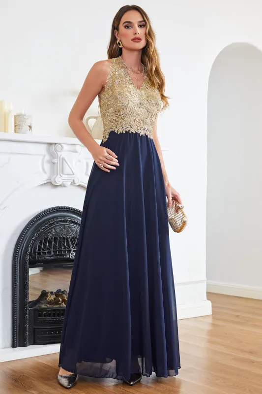 Sleeveless Chiffon Long Evening Dress with Gold Appliques Aline Bridesmaid Dress