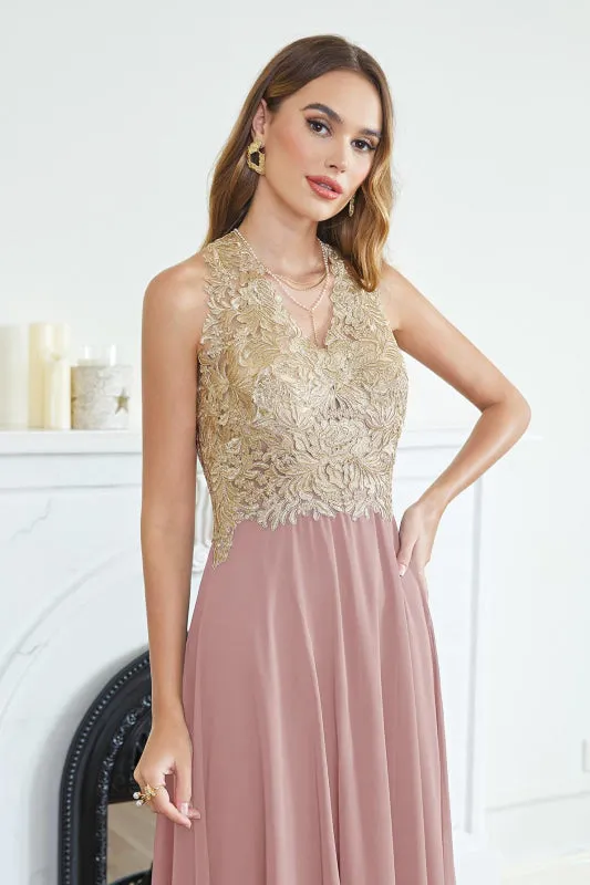 Sleeveless Chiffon Long Evening Dress with Gold Appliques Aline Bridesmaid Dress