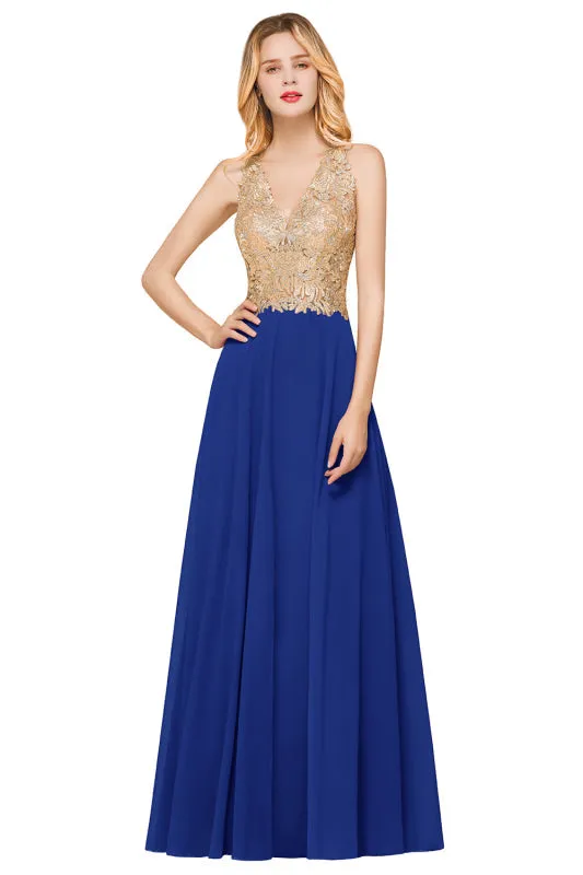 Sleeveless Chiffon Long Evening Dress with Gold Appliques Aline Bridesmaid Dress