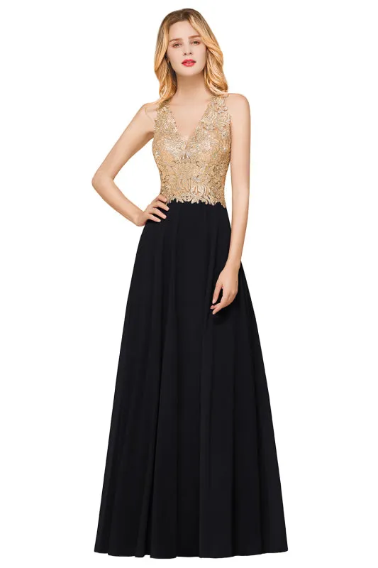 Sleeveless Chiffon Long Evening Dress with Gold Appliques Aline Bridesmaid Dress