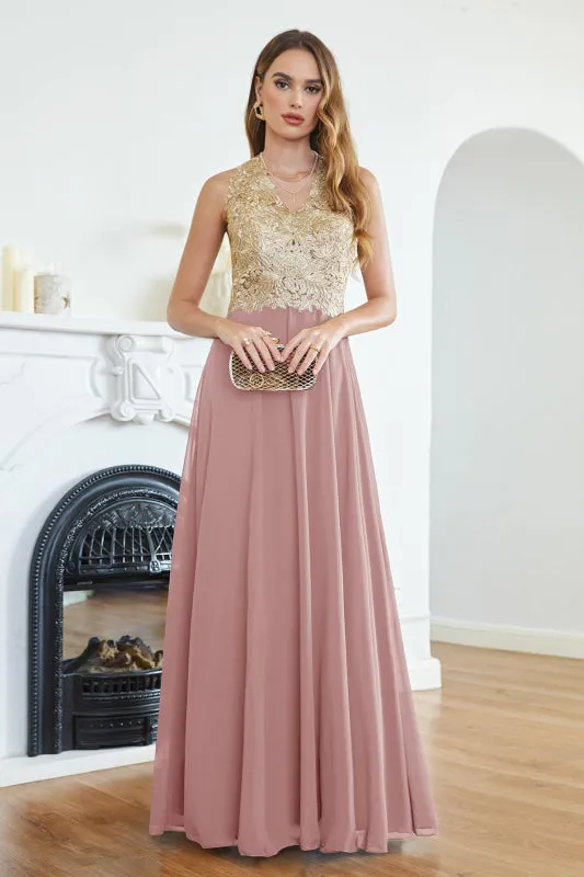 Sleeveless Chiffon Long Evening Dress with Gold Appliques Aline Bridesmaid Dress