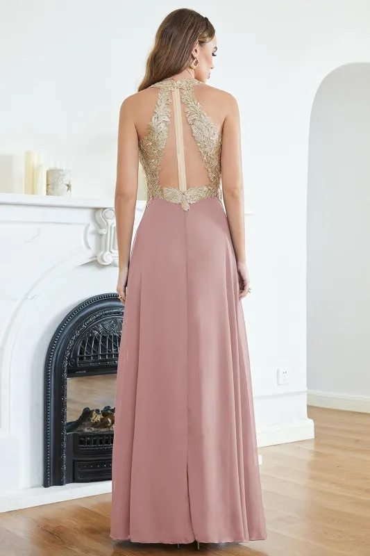 Sleeveless Chiffon Long Evening Dress with Gold Appliques Aline Bridesmaid Dress