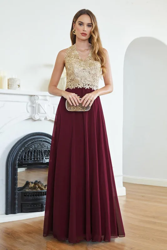 Sleeveless Chiffon Long Evening Dress with Gold Appliques Aline Bridesmaid Dress