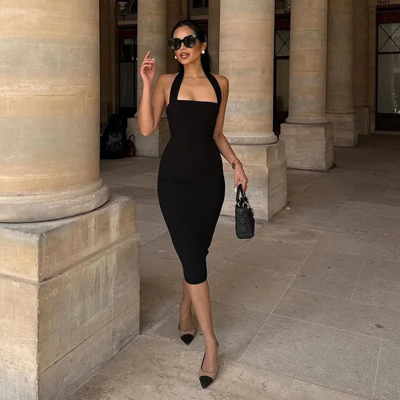 Slim Fit Black Backless Halter Dress