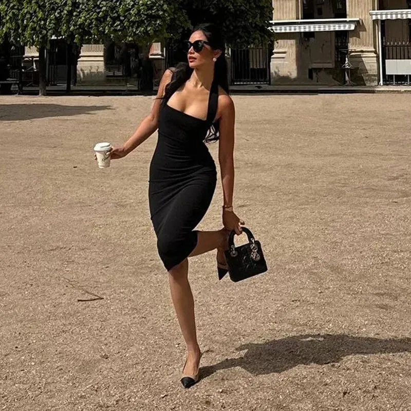 Slim Fit Black Backless Halter Dress