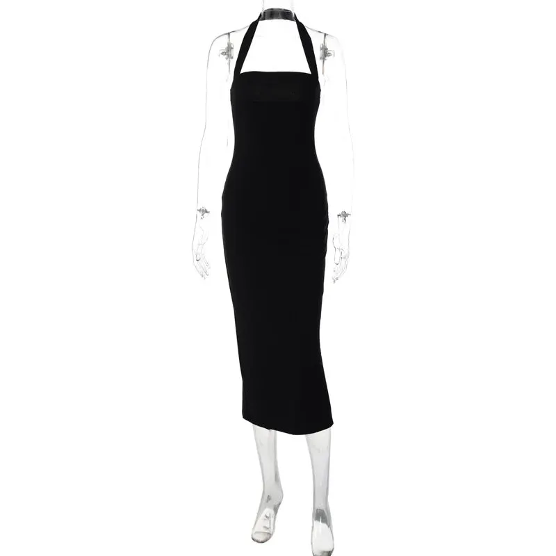 Slim Fit Black Backless Halter Dress