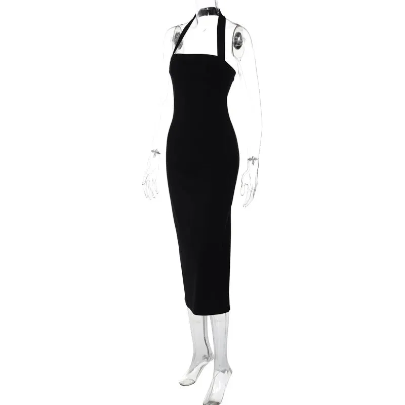 Slim Fit Black Backless Halter Dress