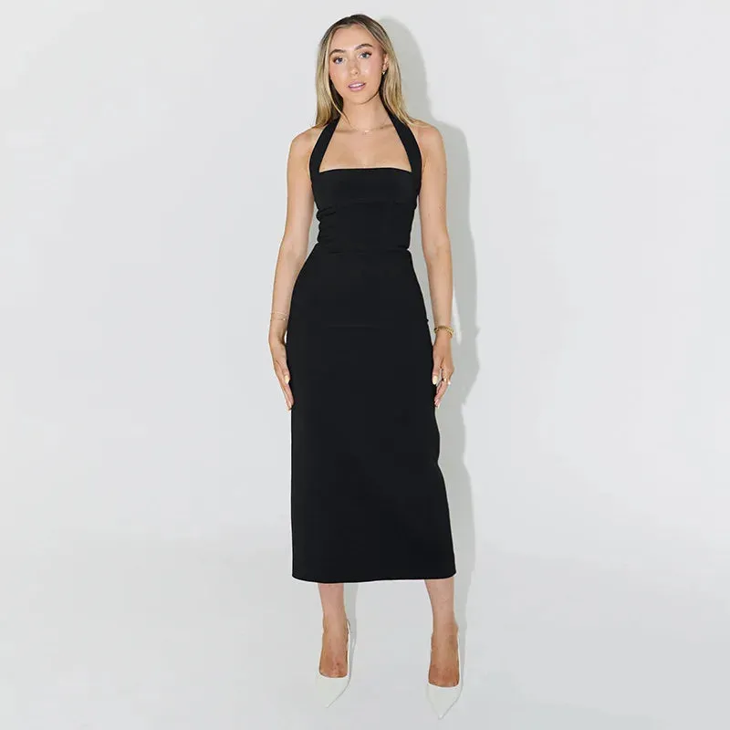 Slim Fit Black Backless Halter Dress