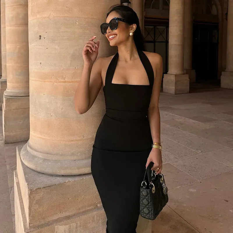 Slim Fit Black Backless Halter Dress