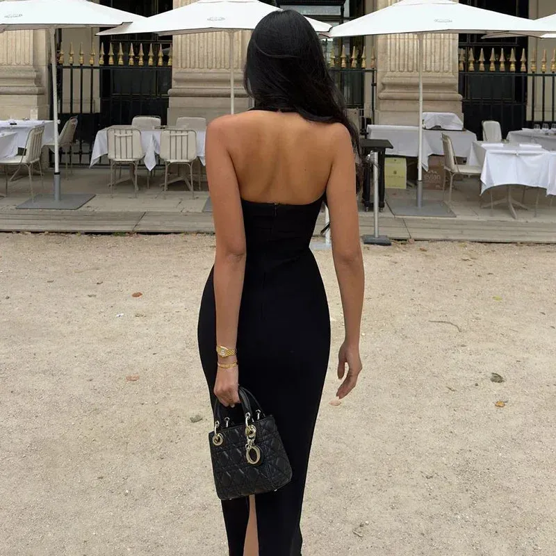 Slim Fit Black Backless Halter Dress