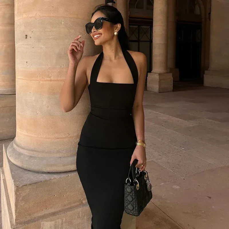 Slim Fit Black Backless Halter Dress