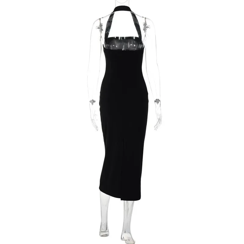 Slim Fit Black Backless Halter Dress