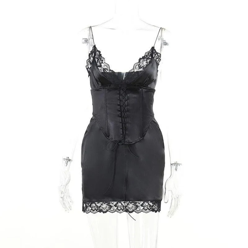 Slim Fit Lace Suspender Dress with Waist Girdling Band and Sheath Slit