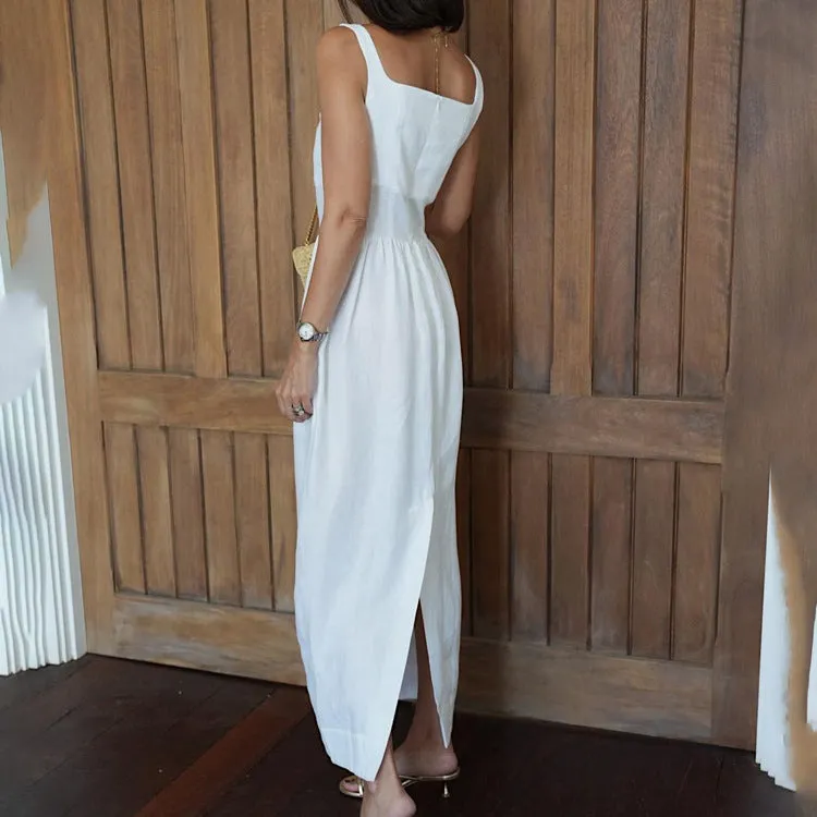 Spring Summer White Cami Dress Women Casual Fold Split A line Long Dress