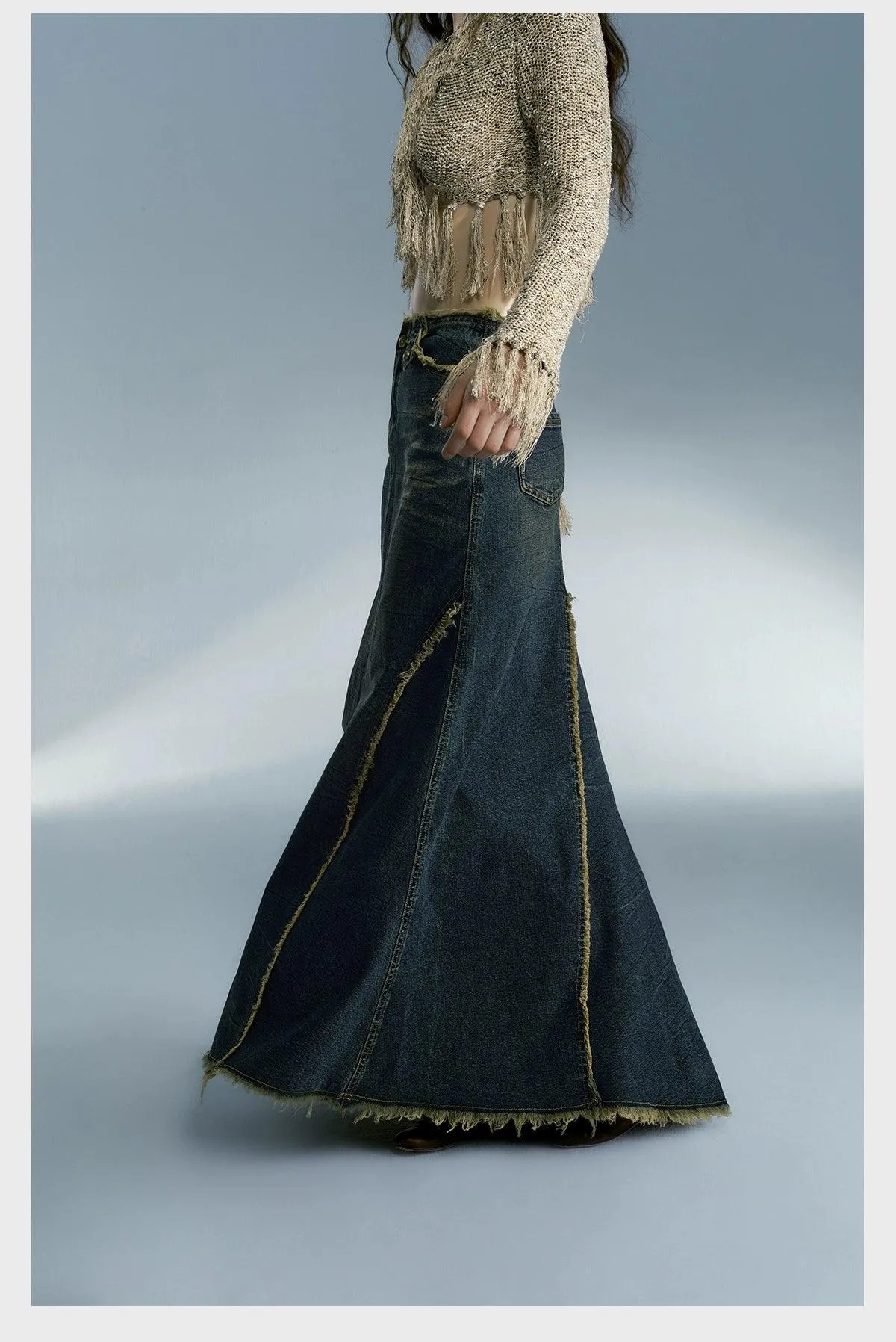 Strike A Pose Women'S Vintage Wash Denim Maxi Skirt - High-Waisted A-Line Jean Skirt With Frayed Seams And Front Slit