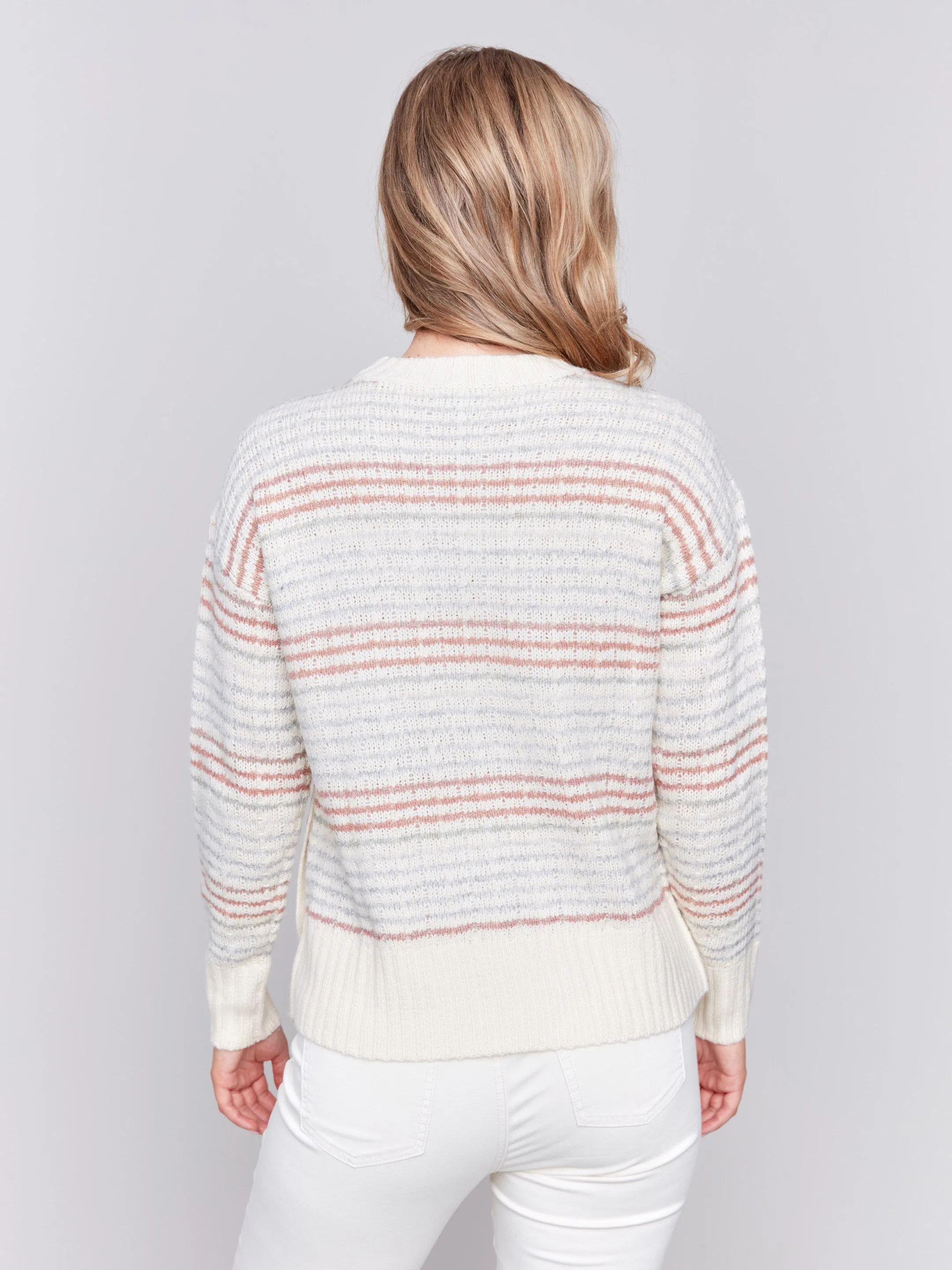 Striped Sweater with Side Buttons - Ecru