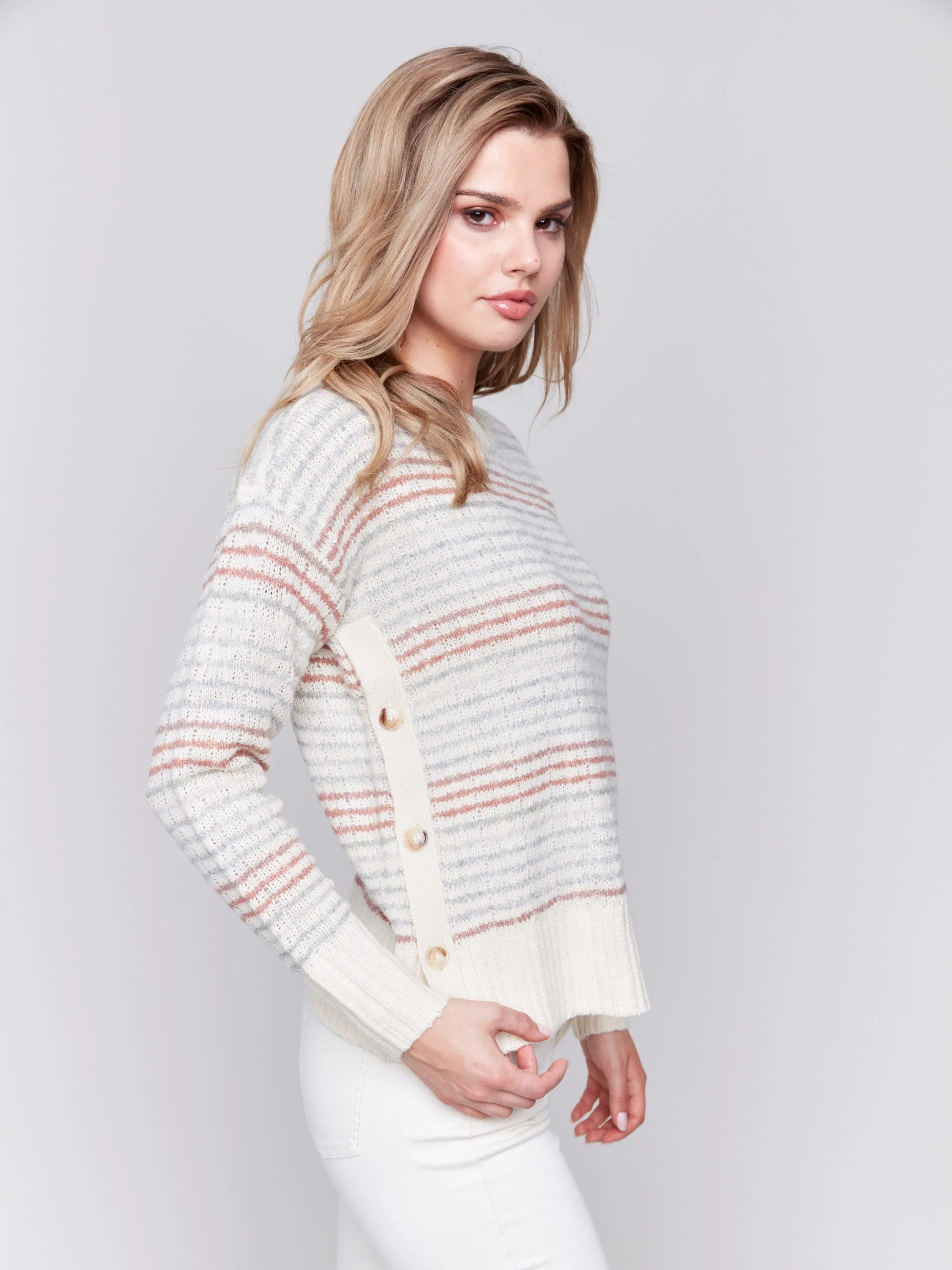 Striped Sweater with Side Buttons - Ecru