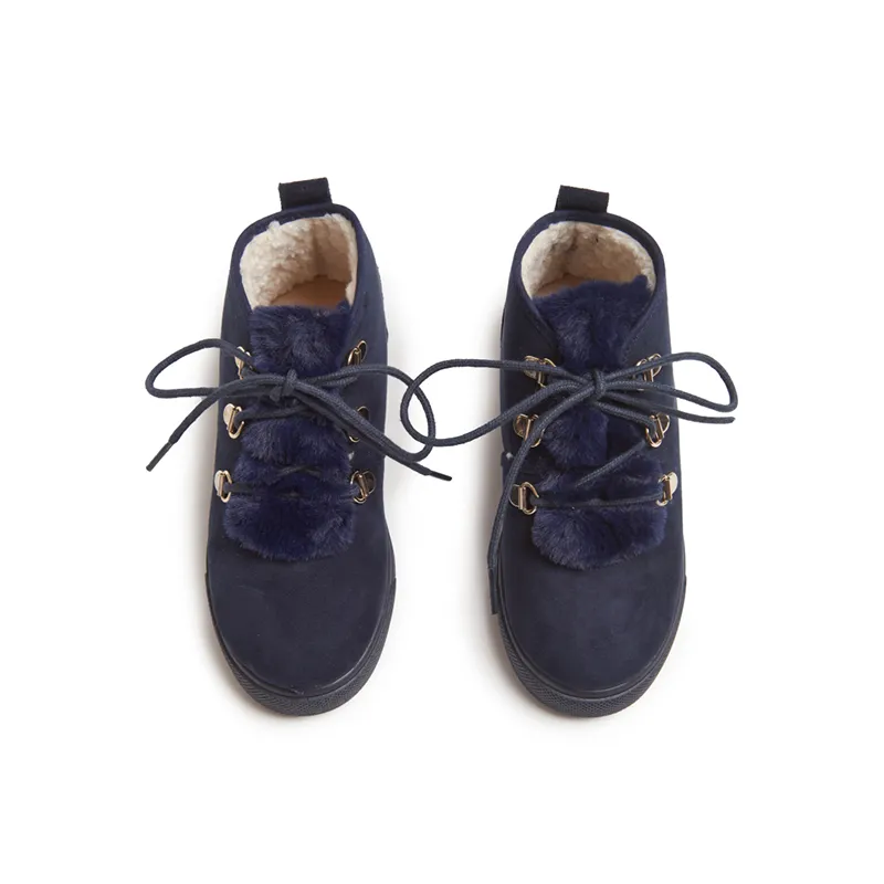 Suede Lace-Up Sneaker Booties with Faux-Fur in Navy by childrenchic