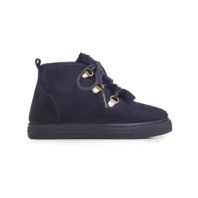 Suede Lace-Up Sneaker Booties with Faux-Fur in Navy by childrenchic