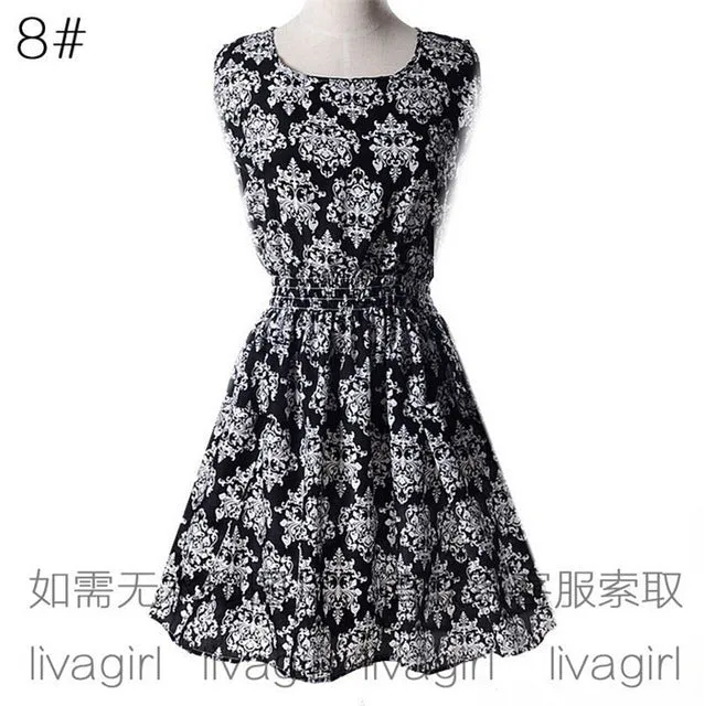 Summer Style Women Dress Casual Mini O-Neck Sleeveless Short A Line Dress Printed Party Evening 2017 big Size Elegant Dress