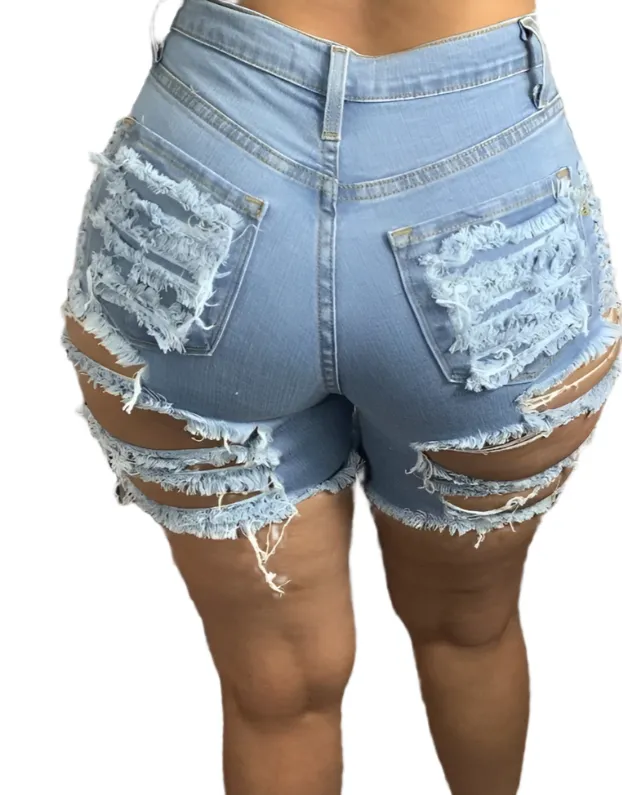 Summer woman trendy Ripped denim shorts fashion high waist jeans