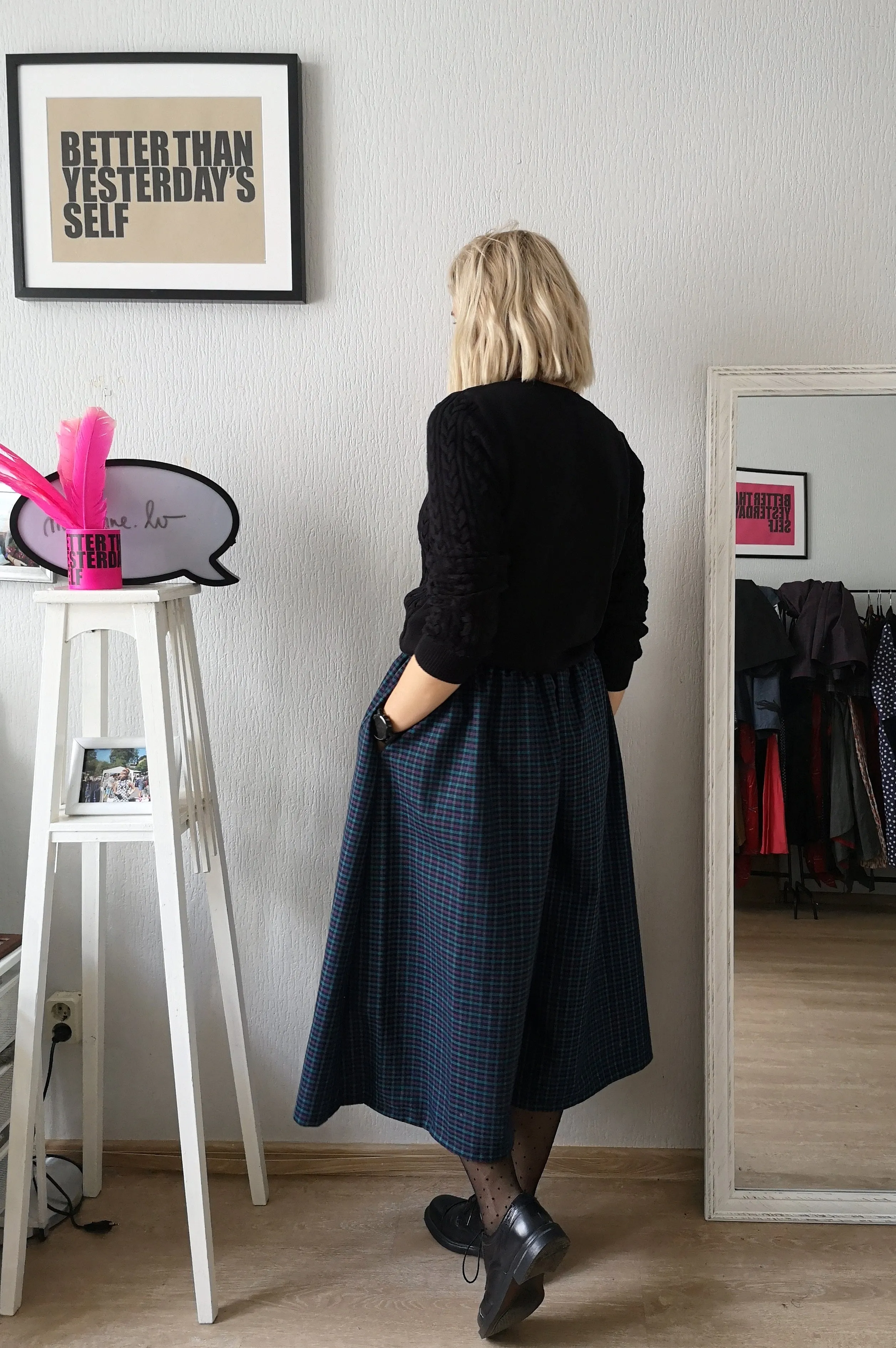 Super Wide One of a Kind Wool Blend Tartan Print Culottes in Red and Blueish Grey Tones