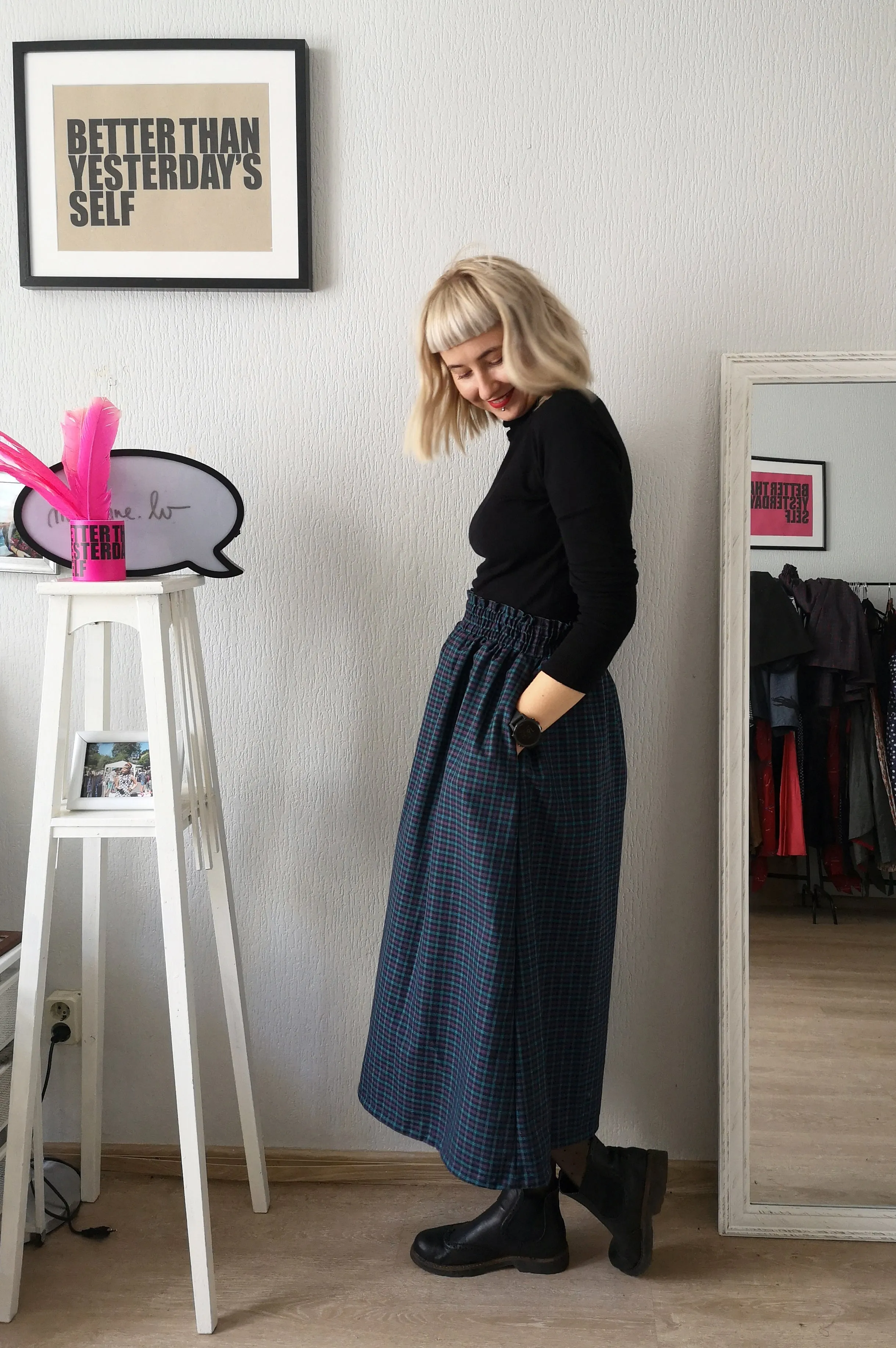 Super Wide One of a Kind Wool Blend Tartan Print Culottes in Red and Blueish Grey Tones