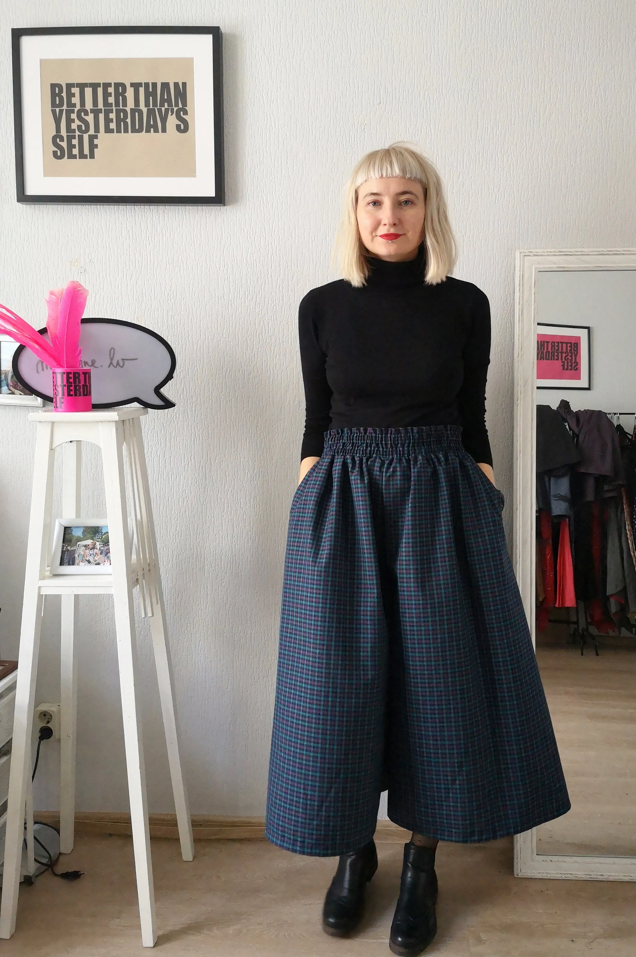 Super Wide One of a Kind Wool Blend Tartan Print in Bright Blue, Pink and Sea Green Tones Culottes