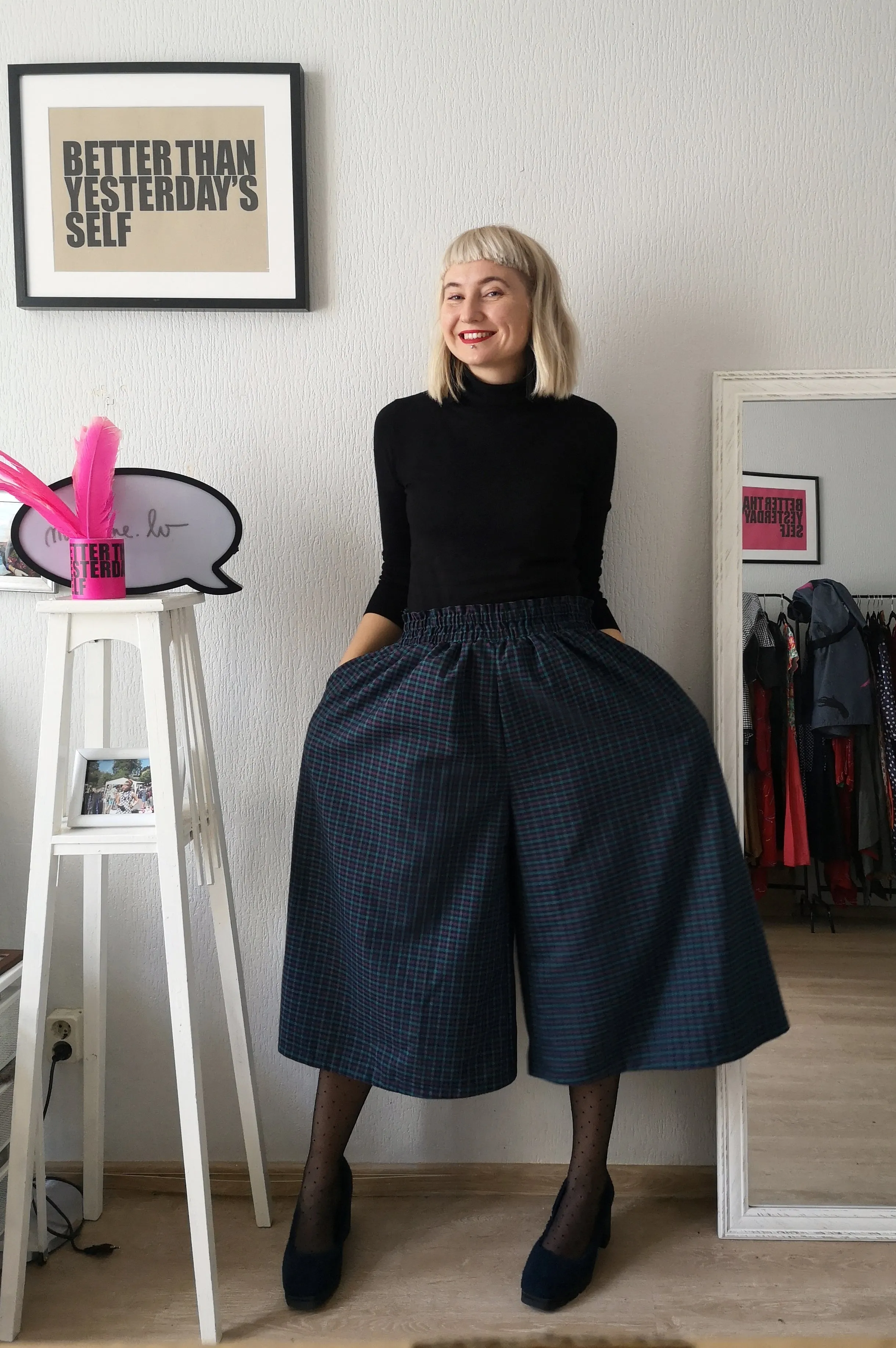 Super Wide One of a Kind Wool Blend Tartan Print in Bright Blue, Pink and Sea Green Tones Culottes