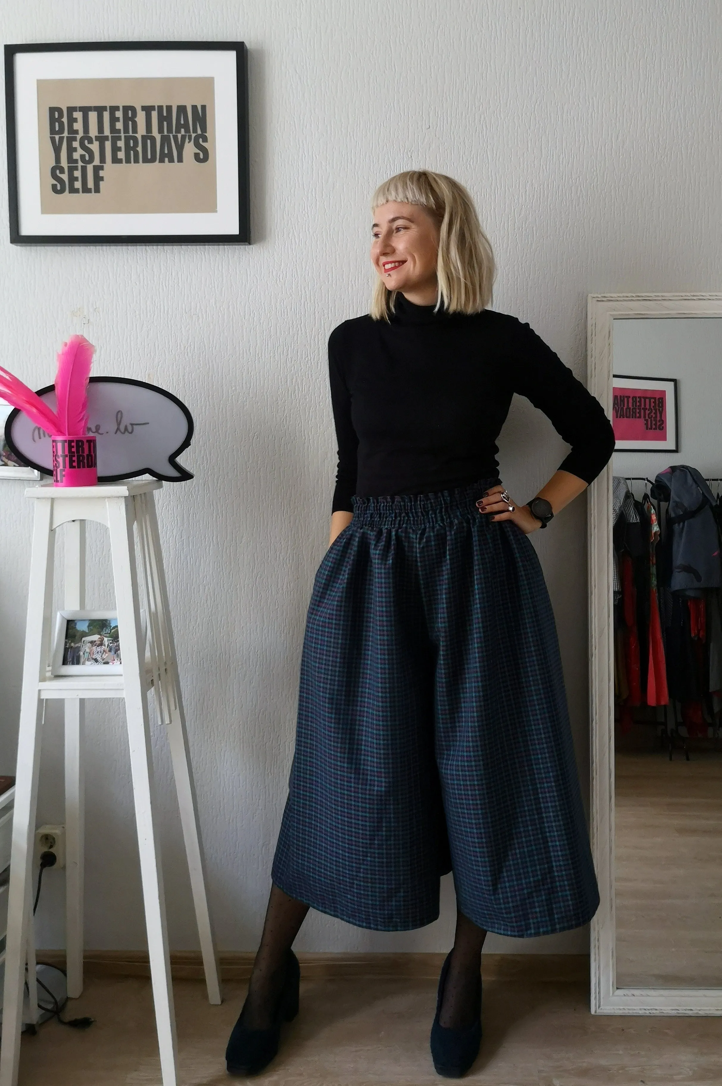 Super Wide One of a Kind Wool Blend Tartan Print in Bright Blue, Pink and Sea Green Tones Culottes