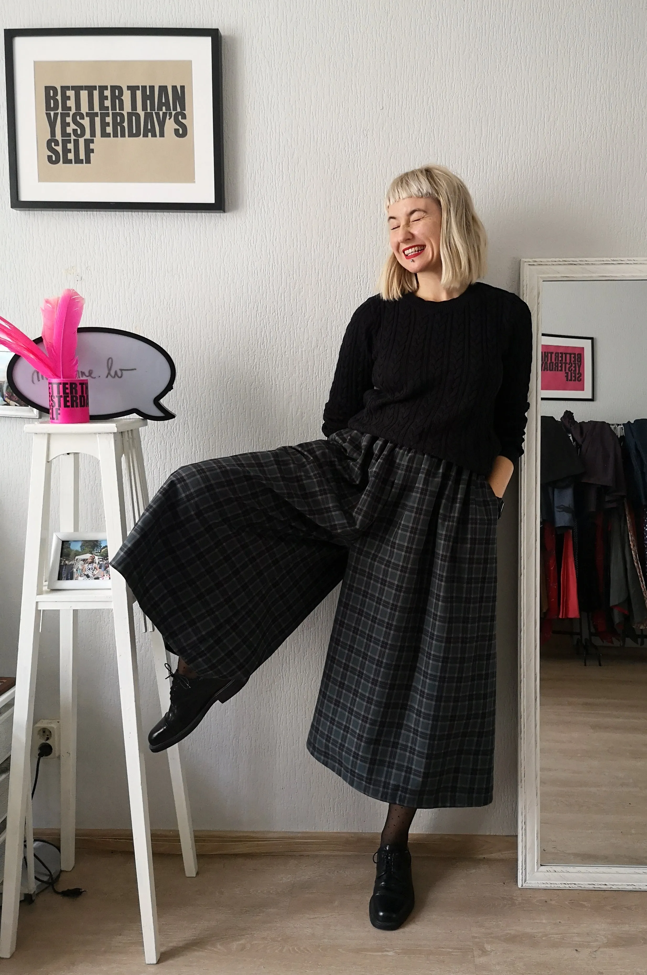 Super Wide One of a Kind Wool Blend Tartan Print in Forest Green, Grey, Black and Red Tones Culottes