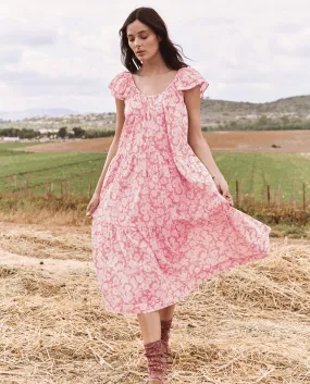 The Great - The Whipstitched Plumeria Dress in Bright Rouge Wild Brush Floral