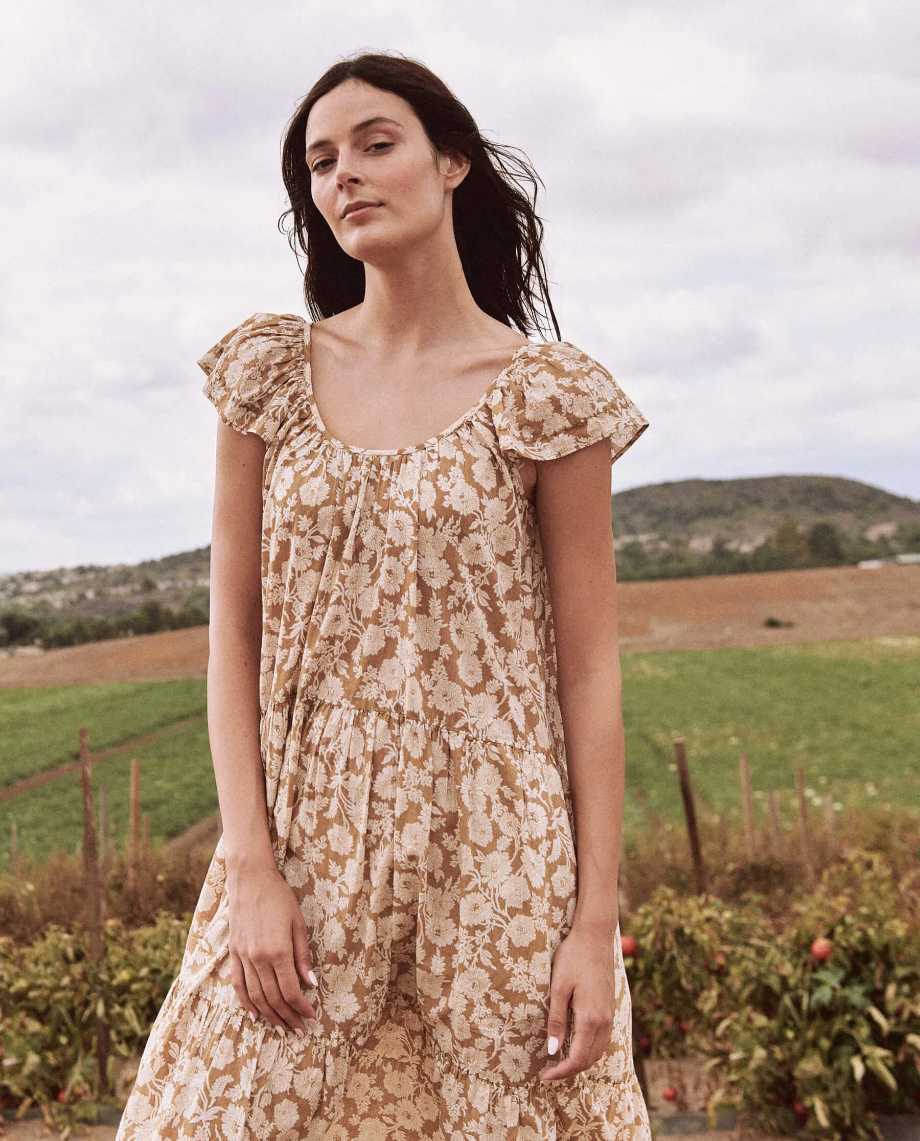 The Great - The Whipstitched Plumeria Dress in Oat Wild Brush Floral