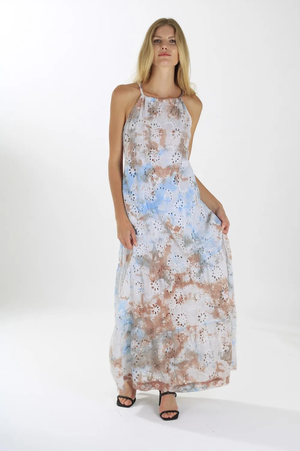 TIE DYE SLIP DRESS IN FOREST BROWN AND BLUE