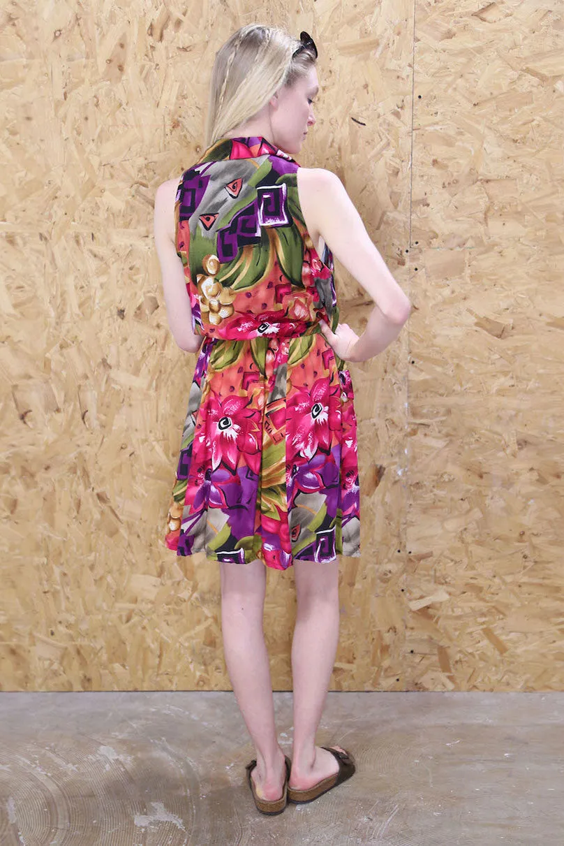 Tropical Sleeveless Collared Floral Mini Dress