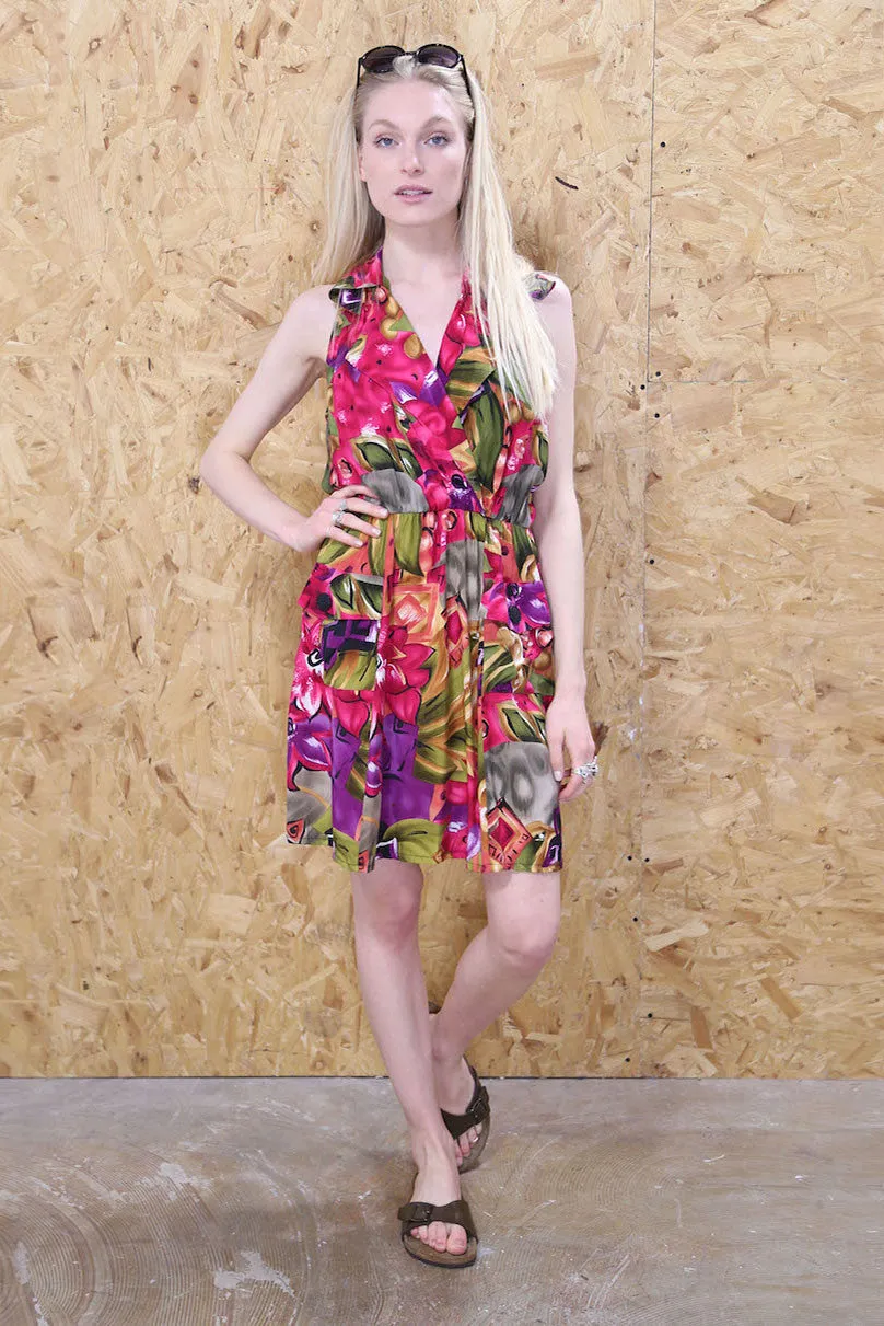 Tropical Sleeveless Collared Floral Mini Dress