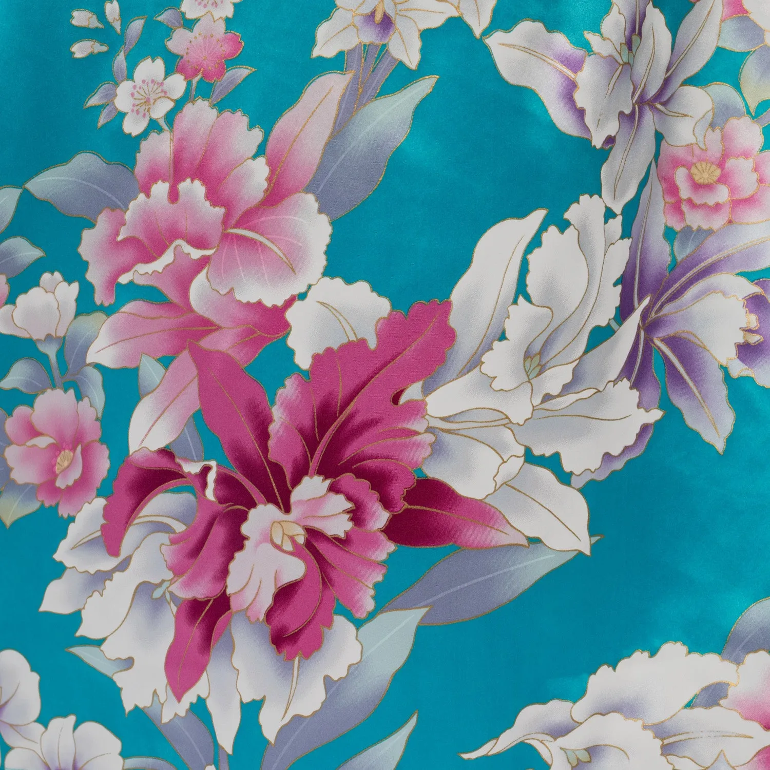 Turquoise Floral Short Silk Japanese Kimono