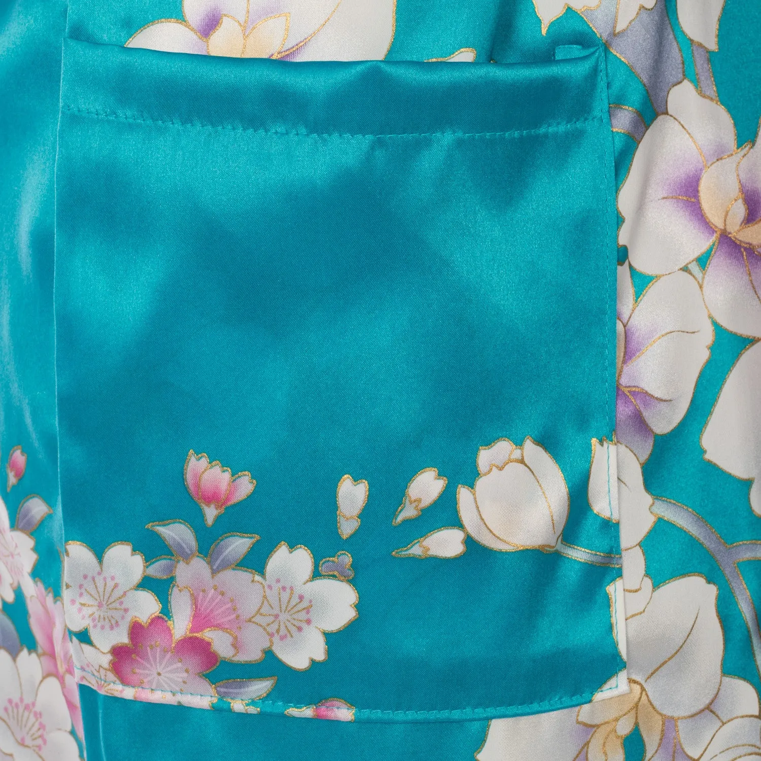 Turquoise Floral Short Silk Japanese Kimono