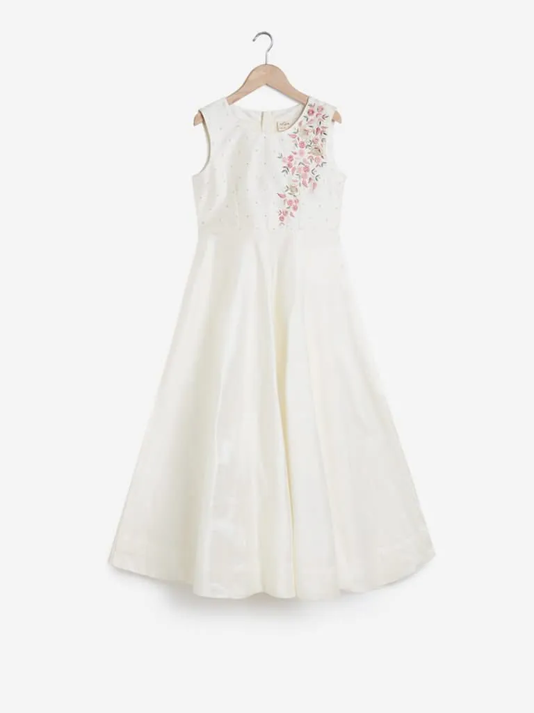 Utsa Kids Off White Embroidered Maxi Dress