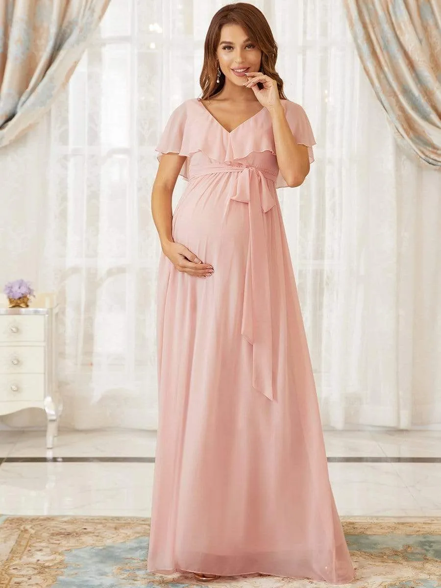 V-Neck Ruffle Tied Waist Bridesmaid Maternity Dress