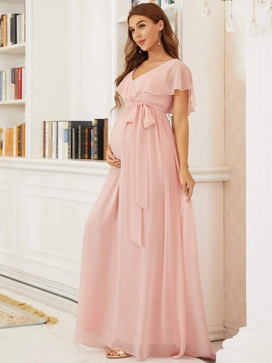 V-Neck Ruffle Tied Waist Bridesmaid Maternity Dress