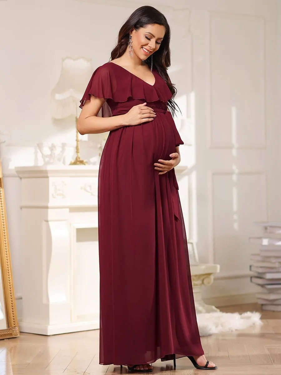 V-Neck Ruffle Tied Waist Bridesmaid Maternity Dress