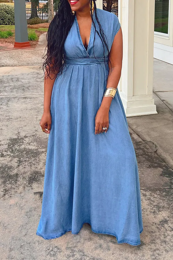 Vacation Denim Cross Wrap Back Maxi Dress