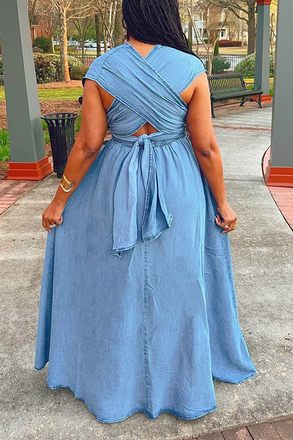 Vacation Denim Cross Wrap Back Maxi Dress