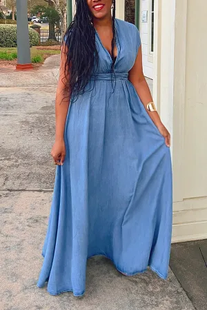 Vacation Denim Cross Wrap Back Maxi Dress