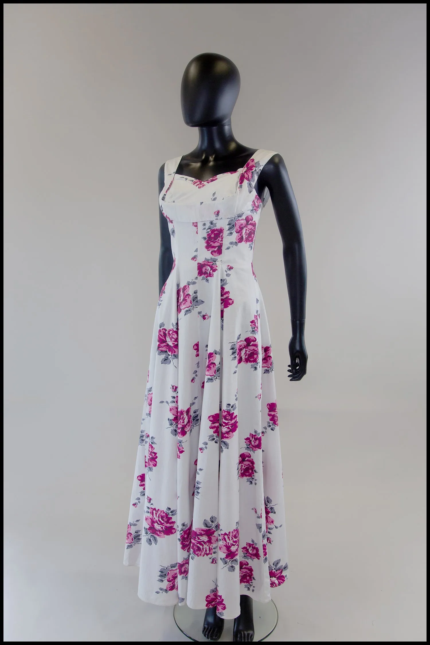 Vintage 1950s White Floral Rose Cotton Maxi Dress