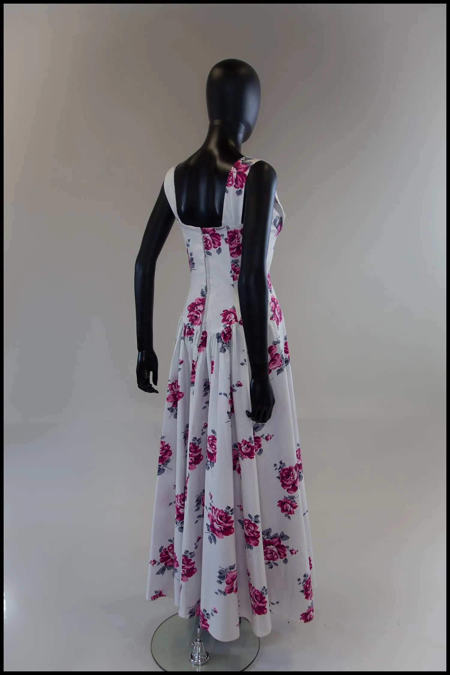 Vintage 1950s White Floral Rose Cotton Maxi Dress