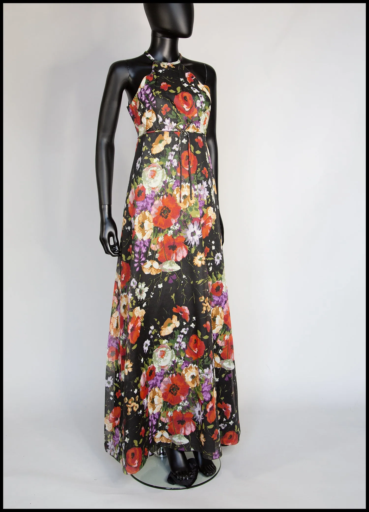 Vintage 1970s Rose Floral Chiffon Maxi Dress